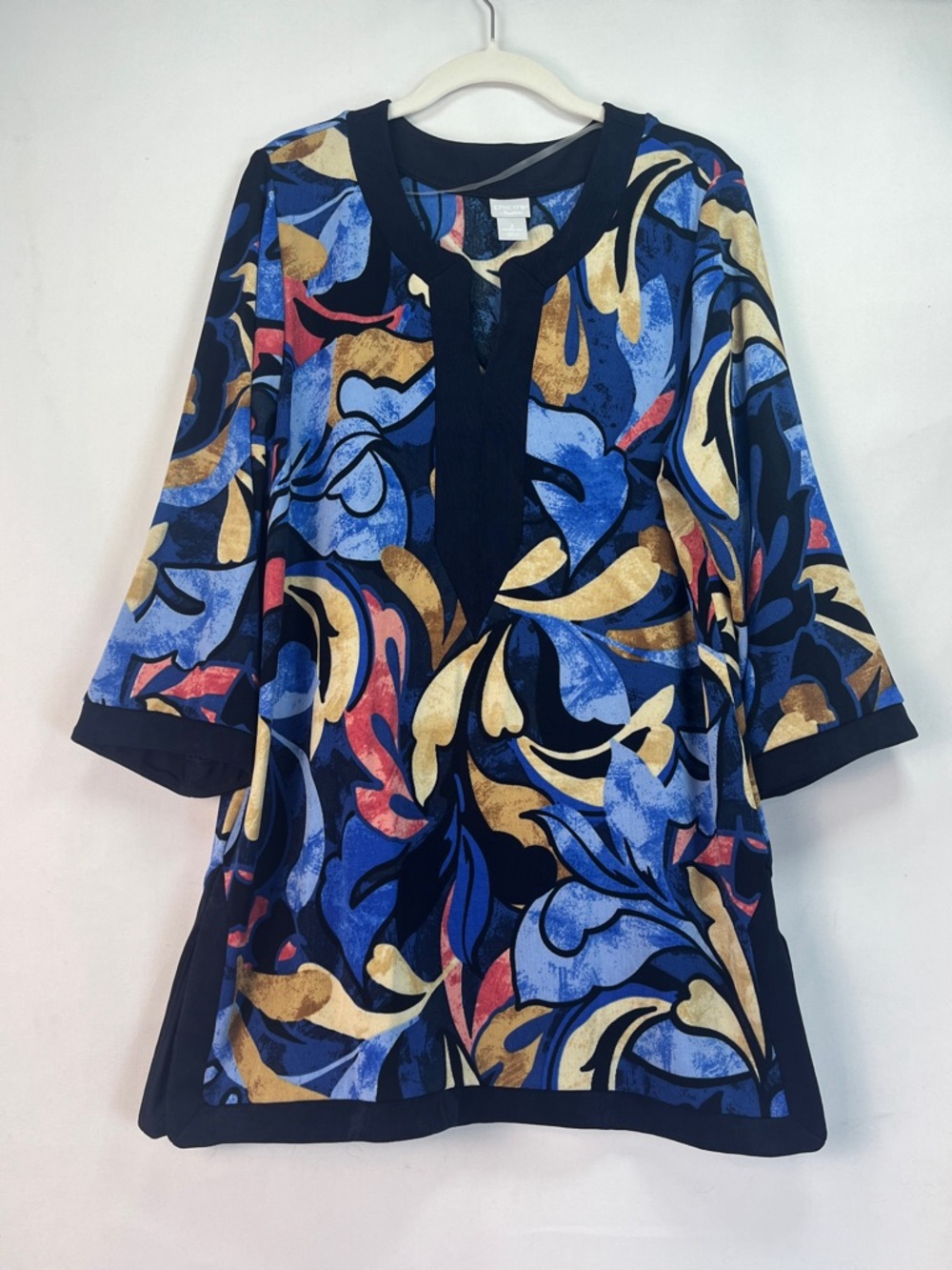Chico's Travelers Tunic Abstract Botanical Print V-Neck 3/4 Sleeve Blue & Gold